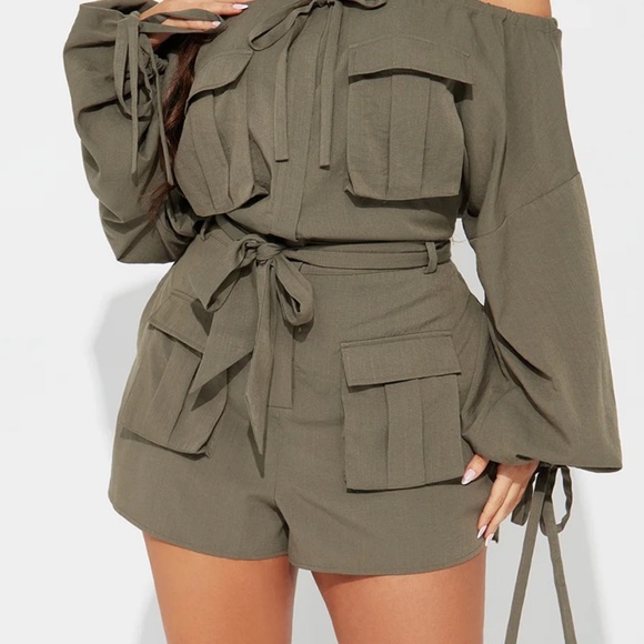 Fashion Nova Pants - Olive Green Off-Shoulder Jumpsuit